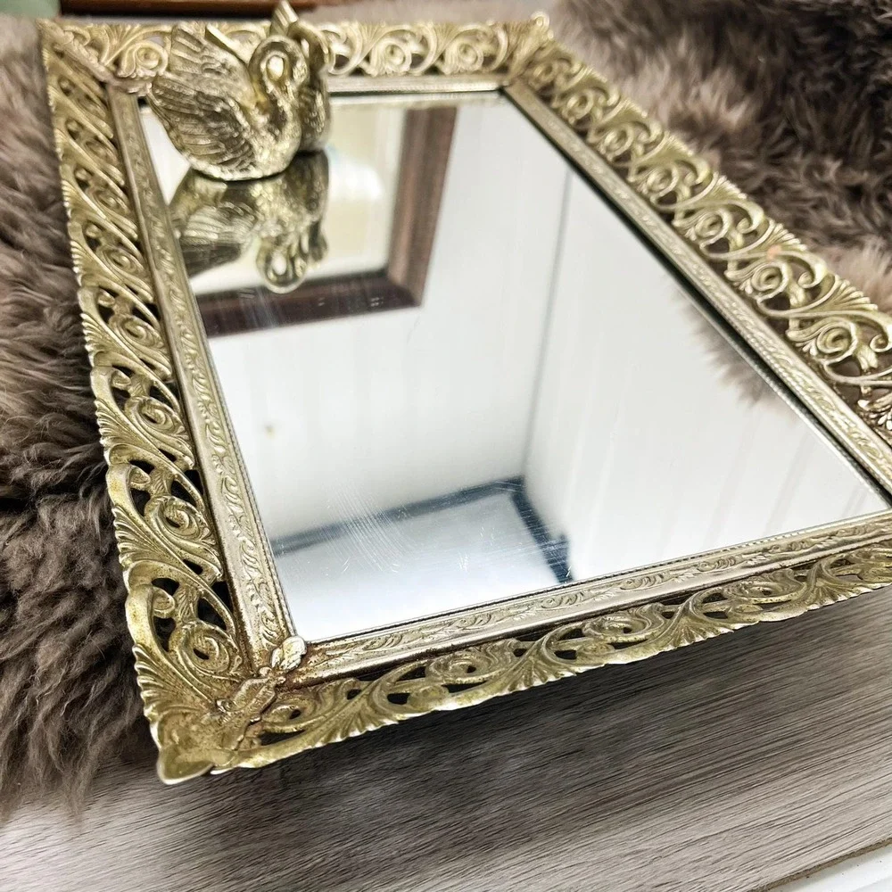 Vintage Ornate Filigree Mirror Tray: Hollywood Regency‎ Vanity Decor (10x15)